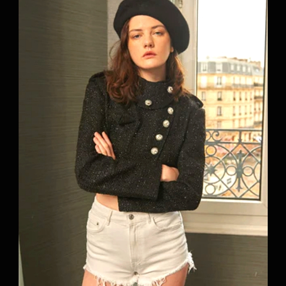 Quaint Charcoal Tweed Crystal Button Short Military Jacket